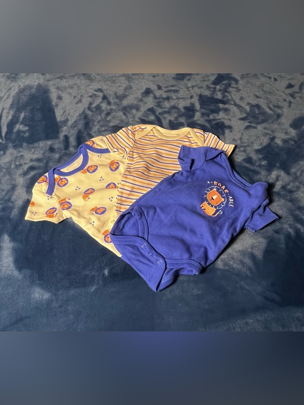 White And Royal Blue Baby Onesie Trio - Lion Print  0-3